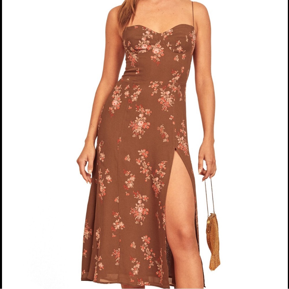 Reformation Juliette Midi Dress with Tie Sleeves and Side Slit in Brown Floral